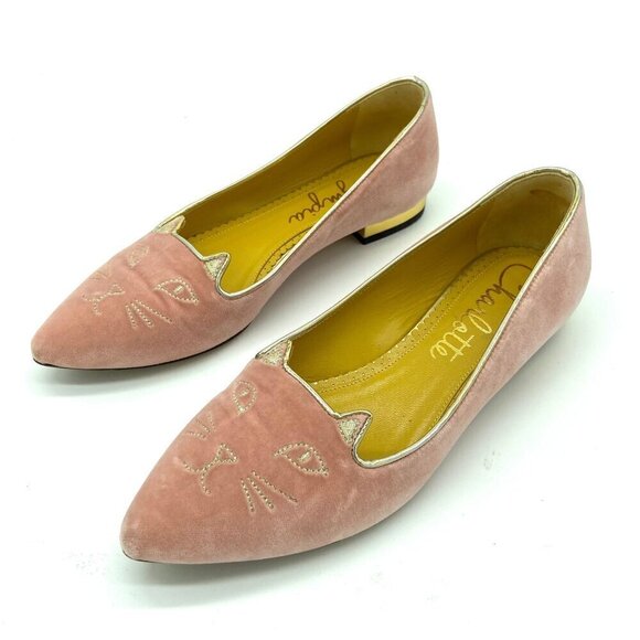 Charlotte Olympia Mid Century Kitty Cat Pink Velvet Pointed Flat EU 36 US 5.5-6 - Picture 3 of 12